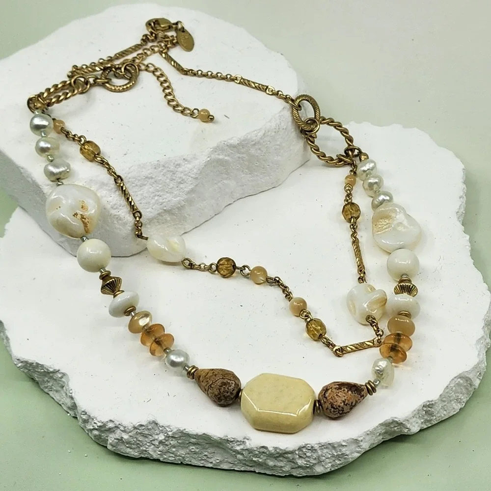 Lia Sophia Cream Beads Faux Pearl Amber & Gold Tone Multi Strand Boho Necklace